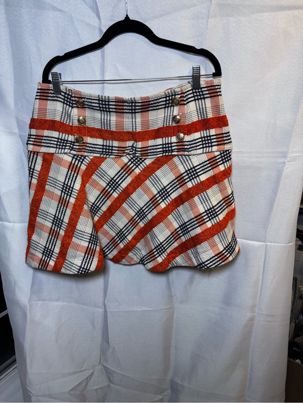 Maeve Orange, White & Black Plaid Tweed Mini Skort with Gold Buttons